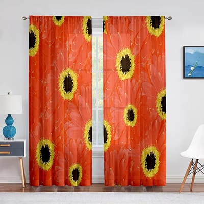 Madageliebloemen Lente Zomer Bloemen Bladeren Blauwe Tule Moderne Transparante Gordijnen voor Keuken Woonkamer Slaapkamer Gordijnen Decoratie 1 PCS W100XH250cm&Grommet Top