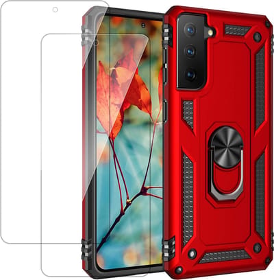 Casemania Hoesje Geschikt voor Samsung Galaxy S22 Rood & 2X Glazen Screenprotector - Anti-Shock Hybrid Armor Back Cover - Hoes met Kickstand Ring