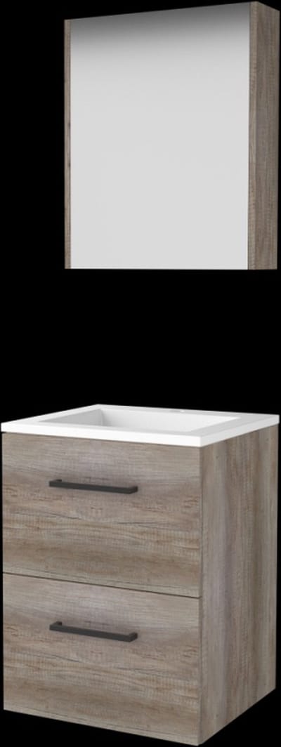 Basic Comfort 46 badmeubelset met spiegelkast, wastafelonderkast met grepen, 2 lades en acryl wastafel met 1 kraangat 50 x 46 cm, scotch oak