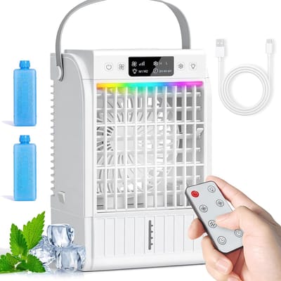 Mini Luchtkoeler 4-in-1 – Mobiele Airco, Ventilator & Luchtbevochtiger met Afstandsbediening – 1500 ml Watertank – 4 Snelheden, 2 Mistmodi, RGB-licht & Timer