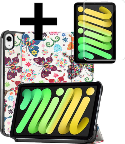 Hoes - Geschikt voor Apple iPad Mini 7 (2024) - 8.3 inch - 7e Generatie - Met Screenprotector - Trifold Bookcase - Hard Cover - Hardcover Book Case - Tablet Hoesje - Vlinders