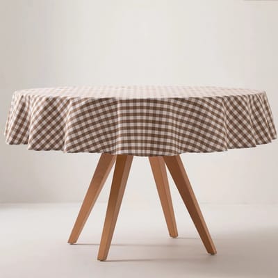 GAMUSI VICHY Rond Tafelkleed - Vlekwerend - Katoen Look - Ruitjes - 160 x 160 cm - Taupe- OEKO-TEX