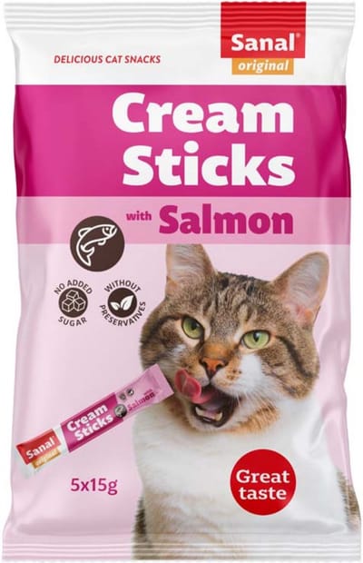 Sanal Cream Sticks Kat Zalm - 5 x 15 g | Heerlijke Romige Snacks voor Volwassen Katten