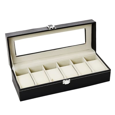 QTTVBTNA - Horlogebox - PU Leer - Geschikt voor 6 stuks - Sieraden Organizer - Voor Horloges Man Vrouw - Zwart - 30x11x8cm