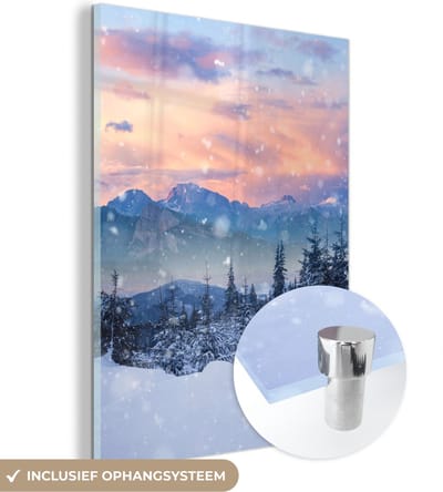 MuchoWow® Glasschilderij 30x40 cm - Schilderij acrylglas - Sneeuw - Lucht - Bos - Winter - Foto op glas - Schilderijen