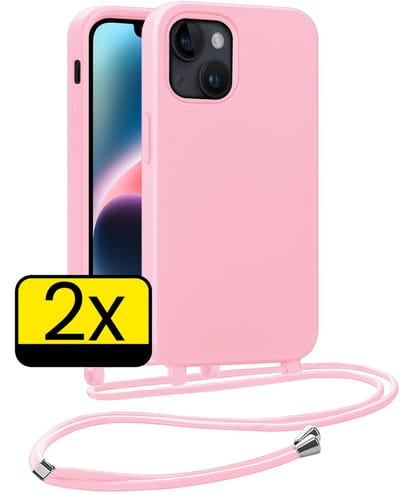 Hoesje Geschikt voor iPhone 13 Mini Hoesje Met Koord Siliconen Case - Hoes Geschikt voor iPhone 13 Mini Backcover Met Afneembaar Koord - Lichtroze - 2 Stuks