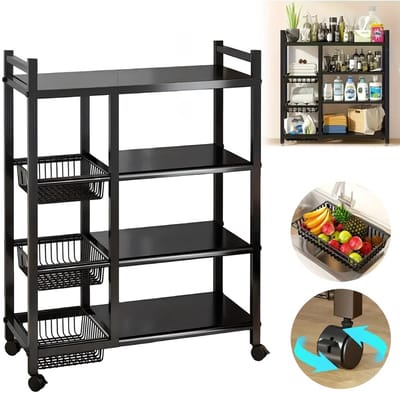 Sensova - Keukenrek met Wielen en Meerdere Etages - Stevig Metalen Opbergrek voor Keuken, Magnetron Plank - Keuken Organizers en Multifunctioneel Keukenrek voor Thuisgebruik