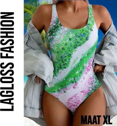 LaGloss® Ombre Groen Bloemenprint Dames Badpak - Vierkante Hals - Open Rug - Zomers – Strandmode – Beach fashion – Maat XL