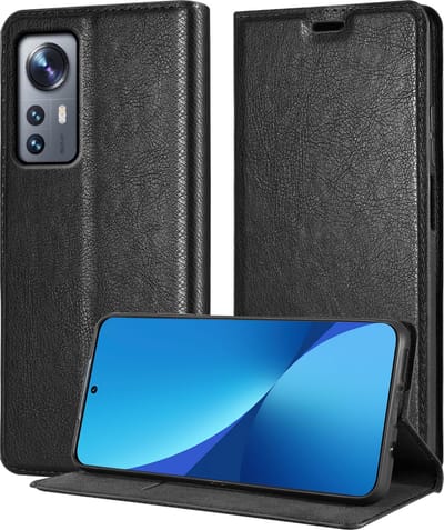 Cadorabo Hoesje geschikt voor Xiaomi 12 / 12X in ZWARTE NACHT - Beschermhoes met magnetische sluiting, standfunctie en kaartvakje Book Case Cover Etui