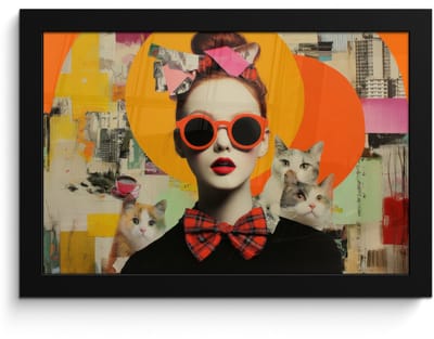Poster in lijst - Fotolijst 30x20 cm - Posters - Vrouw - Bril - Strik - Retro - Posterlijst zwart - Decoratie - Wanddecoratie woonkamer - Muurdecoratie slaapkamer