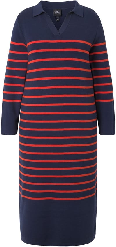 Ulla Popken - Dames - Gebreide midi-jurk strepen kraag V-hals lange mouwen - Marine - Maat 46+