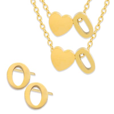 Initiaal Ketting & Armband & Oorbellen set met Letter O Goudkleurig - Stainless Steel - Met letter & Hartje! - 3x Sieraden Cadeau - Pax Amare