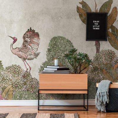 Fotobehang Profhome 382341-GU vliesbehang hardvinyl warmdruk in reliëf glad met Toile de Jouy patroon mat groen bruin grijs beige 3,71 m x 2,8 m