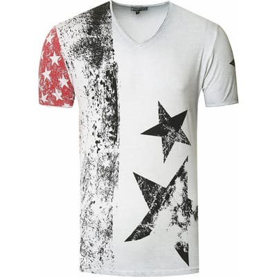 USA T-shirt met sterren en strepen en V-hals in gebruikte look