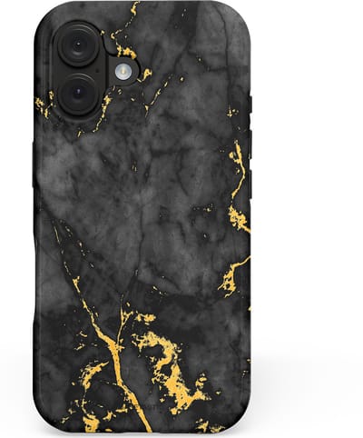 Casetastic hoesje geschikt voor Apple iPhone 16 - MagSafe - Dubbellaagse bescherming - Zwarte Marmer Goud - Fashion Case - Zwart Goud