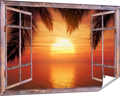 Gards Tuinposter Doorkijk Zonsondergang op het Strand met Palmbomen - 150x100 cm - Tuindoek - Tuindecoratie - Wanddecoratie buiten - Tuinschilderij