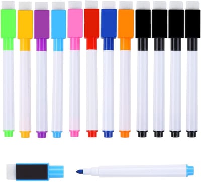 Dailygoods- Whiteboard-pennen 12 stuks - Uitwisbare Viltstift - Magnetische Pen - Geurarm - Voor Thuis/School/Kantoor - 9 Kleuren - Viltstiften