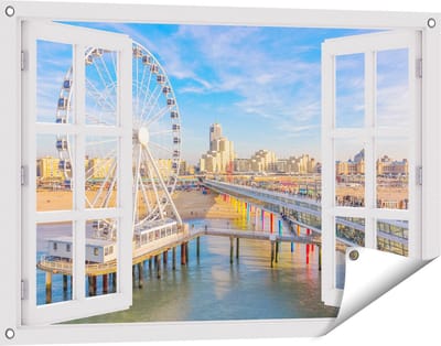 Gards Tuinposter Doorkijk Scheveningen Pier met de Ferris Wheel - Reuzenrad - 90x60 cm - Tuindoek - Tuindecoratie - Wanddecoratie buiten - Tuinschilderij
