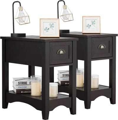 COSTWAY Set van 2 bijzettafels met lade en plank, 2 verdiepingen tellende salontafel, smal nachtkastje, koffietafel voor woonkamer, slaapkamer, 56 x 33 x 58,5 cm (walnoot)