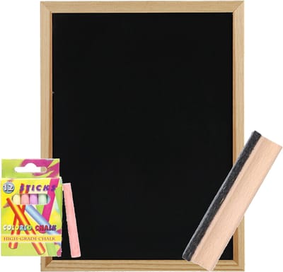 Zeller Krijtbord/schoolbord met 12x gekleurde krijtjes en bordenwisser - 30 x 40 cm - hout