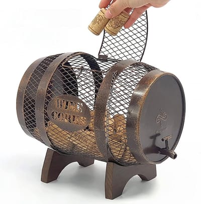 Rustieke metalen wijnkurk houder op houten standaard - decoratie en cadeau