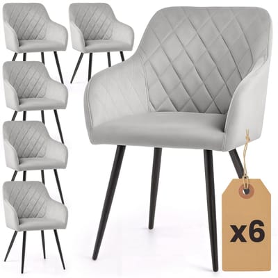 Set van 6 Eetkamerstoelen VELTO met Armleuningen / Gestoffeerde Stoelen / Fluwelen Stoelen en Metalen Poten / Grijs met zwarte benen