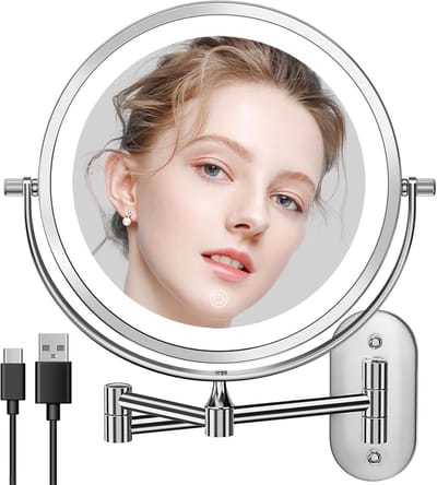 Verlichte Make-up Spiegel met Oplaadbare Batterij, Dimbare Vergrotende Spiegel, Wandmontage en 360° Rotatie voor Badkamer en Schoonheid