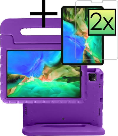 Hoes - Geschikt voor Apple iPad Pro (2022) - 11 inch - 4e generatie - Met 2x Screenprotector - Kinderhoes Shockproof Bumper - Kidsproof Case - Tablet Hoesje - Kinder Cover - Paars