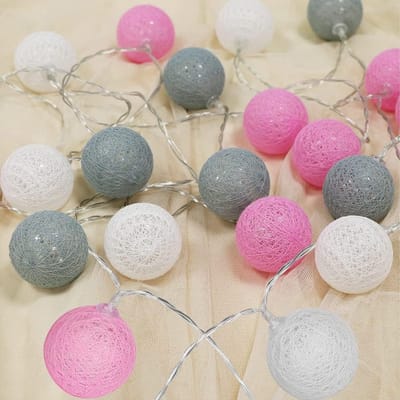 Mmgoqqt 1 Stuks - LED Katoen Bol Lichtslinger Decoratie Verlichting - Roze Grijs Wit - 6CM Bollen 3 Meter 20 Lampjes