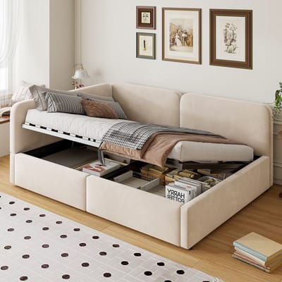 PHOEBE CAT Slaapbank - Gestoffeerde bed - 140x200 cm - Velvet - Opbergruimte - Beige