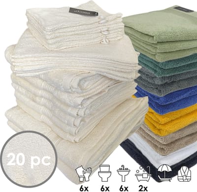 iSleep Terry Badtextiel - Voordeelset (20 delig) - 6x Washandje 16x22 cm - 6x Gastendoekje 30x50 cm - 6x Handdoek 60x110 cm - 2x Badlaken 70x140 cm - Licht Beige