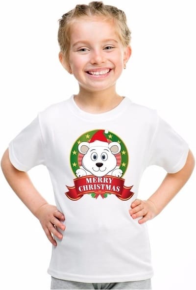 Kerst t-shirt voor jongens met ijsbeer print - wit - shirt voor jongens en meisjes 158/164