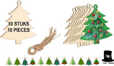 Bob Online™ - 10 Stuks - Houten Kerstboom Vormen - Kerstversiering - Kersttafelversiering – Kerstboomversiering – 10 PCS – Wooden Christmas Tree Shapes – Christmas Tree Decorations – DIY Kerst Slinger Maken – Houten Kerstboom Cadeau Label + Jutekoord