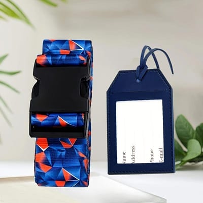2 pcs (1 sangle de bagage + 1 étiquette de bagage) Sangle de protection de bagage réglable, sangle de chariot de voyage, sangle de bagage, sangle plate, étiquette de bagage en PU 2pcs