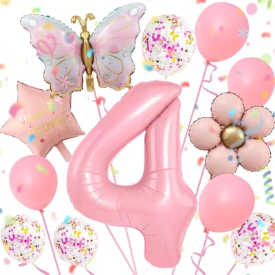 SnelShoppen - Vlinders Decoratie Ballon 4e Verjaardag Meisjes, Folieballon met Vlinder en Bloem, Perfect voor Vlinders Themafeest en Feestdecoratie