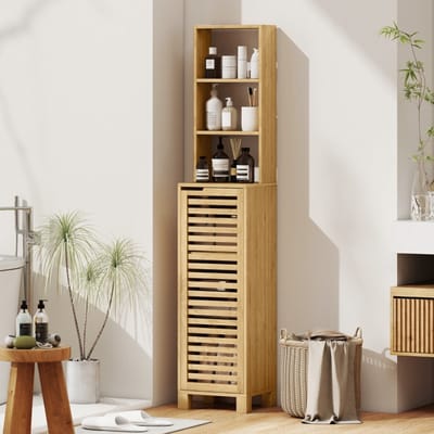 Wishdor Hoge Badkamerkast - Bamboe Kolomkast met Lamellendeur & Open Vakken - Vochtbestendig - 34x30x170 cm - Natuurlijk Hout