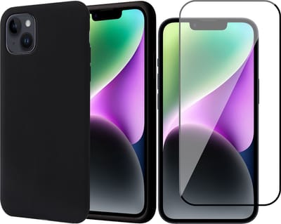 Hoesje geschikt voor iPhone 14 - Matte Back Cover Microvezel Siliconen Case Hoes Zwart - Full Tempered Glass Screenprotector