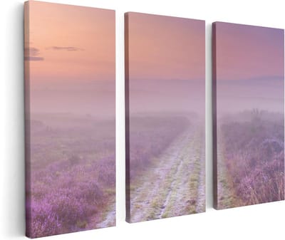 Artaza Canvas Schilderij Drieluik Pad in de Weide tijdens de Mist - 120x80 - Foto Op Canvas - Canvas Print