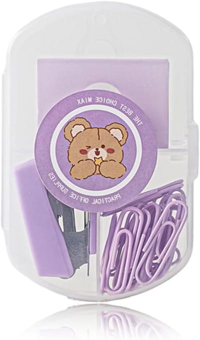 Allecto Plus - 3 sets kantoorapparatuur in paarse kleur met nietmachine, nietjes en clip - ideaal geschenk voor studenten
