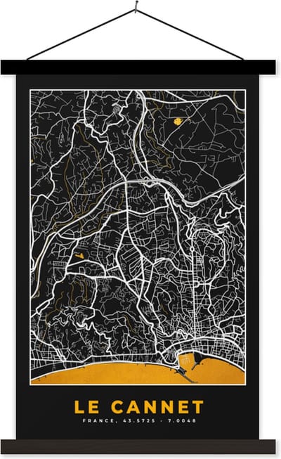 Posterhanger incl. Poster 40x60 cm - Schoolplaat - Kaart - Frankrijk - Stadskaart - Plattegrond - Le Cannet - Textielposter - Zwarte latten - Stadskaart