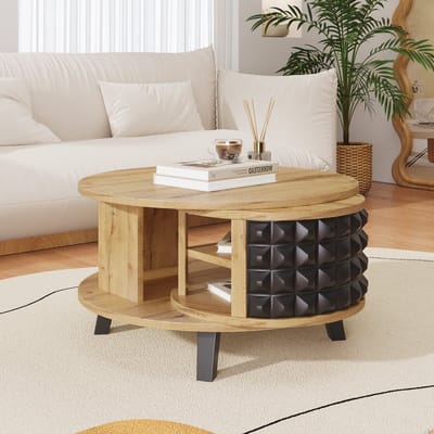 Gutent Salontafel, Natuurlijke kleur, Rond, met Opbergruimte, Draaibare tafel, Bijzettafel met verborgen binnenplank
