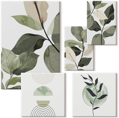Wallfluent Set van canvas schilderijen - Scandinavische plantenmotieven met groen en afbeeldingen Canvas Schilderijen Set - Set van 5 Canvas Schilderijen - Groente Set van Canvas Prints - Natuur Canvas Kunst Set - Boheemse Canvas Kunst Set