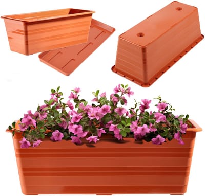 KADAX Bloembak 40 cm met schoteltjes, terracotta, kunststof balkonpot, weerbestendige plantenbak, bloempot, leuningbox voor bloemen, kruiden