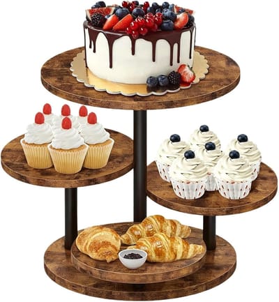 Cupcake Toren Stand - Dessert Display - Feestelijke Presentatie - 360 Graden Draaibaar - 4 Lagen - Rustiek Hout
