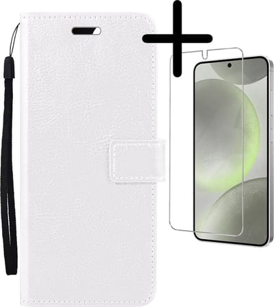 Hoesje Met Screenprotector - Geschikt voor Samsung Galaxy S24 Plus - Luxe Pasjeshouder - Bookcase Portemonee - Flip Case - Kunstleer Book Case - Flipcase - Book Cover - Walletcase - Portemonneehoes - Wit