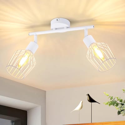 Glitzerlife - Plafondspot Plafondlamp - 2xE14 fitting - Opbouwspots - 350° schwenkbaar, Touch-bediening - Onbehandeld Metaal Retro - Ø32cm - Witte Retro Plafondspot voor Flur Keuken Slaapkamer