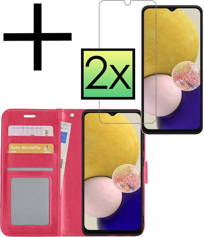 Hoesje - Met 2x Screenprotector - Geschikt voor Samsung Galaxy A13 4G - Luxe Pasjeshouder - Bookcase Portemonee - Flip Case - Kunstleer Book Case - Flipcase Hoes - Book Cover - Walletcase - Portemonneehoes - Donkerroze