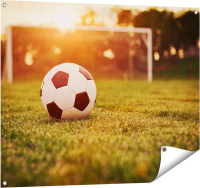 Gards Tuinposter Voetbal met Goal tijdens Zonsondergang - 100x80 cm - Tuindoek - Tuindecoratie - Wanddecoratie buiten - Tuinschilderij