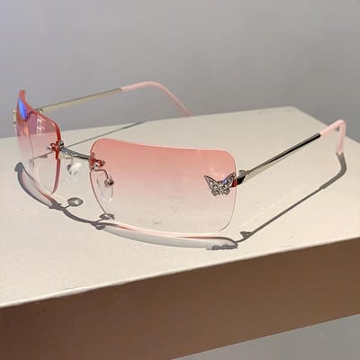 Y2K Luxe Designer Randloos Vierkant Zonnebril Dames Trendy UV400 Roze Punk Bril Vlinder Diamant