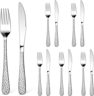 Steakbestek Set van 12 Stuks, RVS Steakmessen en Vorken voor 6 Personen, Ideaal voor Thuis en Restaurants met Gegoten Handvatten